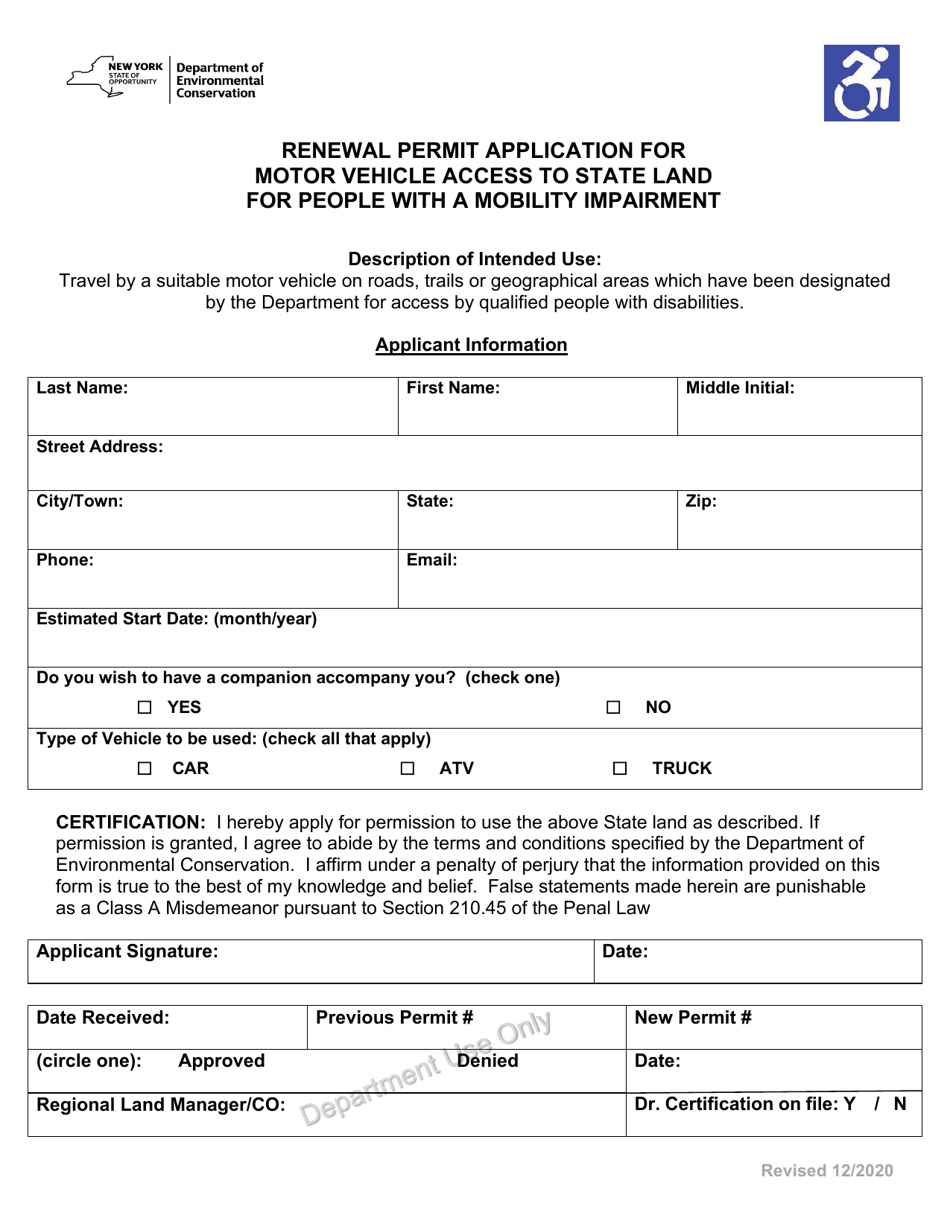 New York Renewal Permit Application for Motor Vehicle Access to State