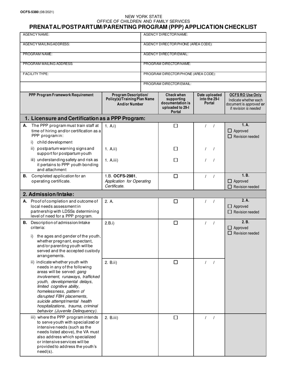 Form OCFS-5380 Prenatal / Postpartum / Parenting Program (PPP) Application Checklist - New York, Page 1