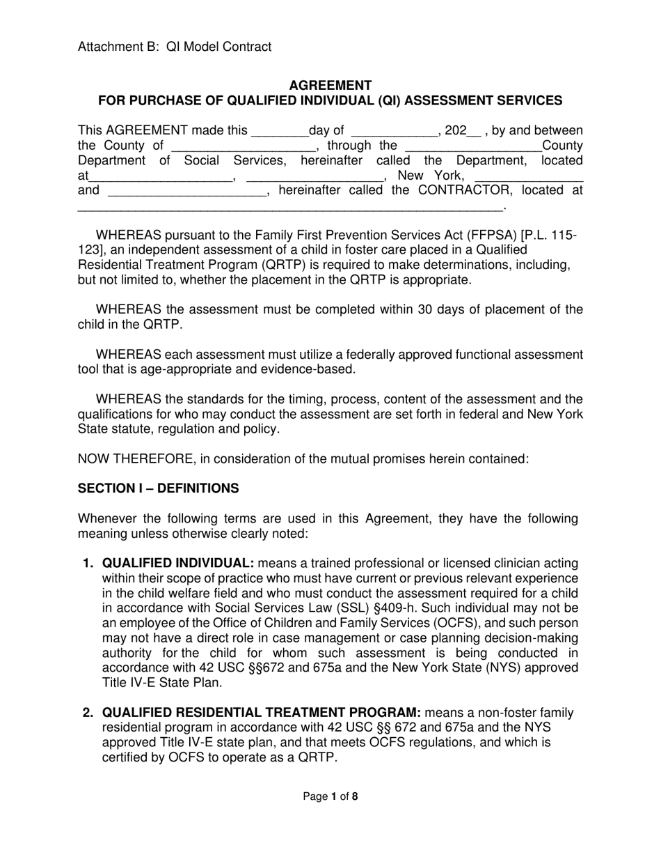 Attachment B Agreement for Purchase of Qualified Individual (Qi) Assessment Services - New York, Page 1