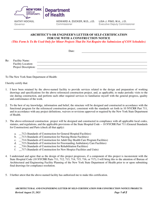 Architect's or Engineer's Letter of Self-certification for Use With a Construction Notice - New York Download Pdf