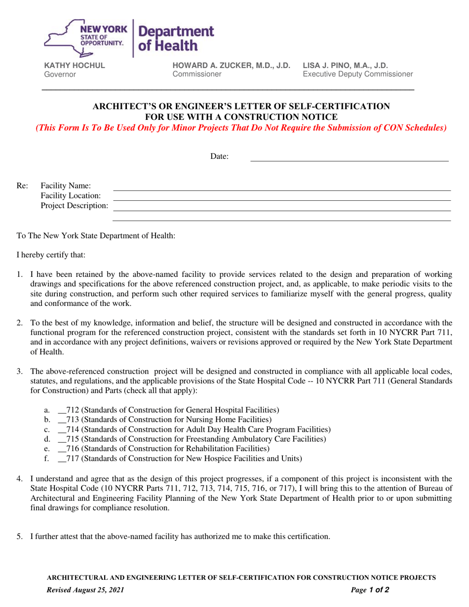 Architects or Engineers Letter of Self-certification for Use With a Construction Notice - New York, Page 1