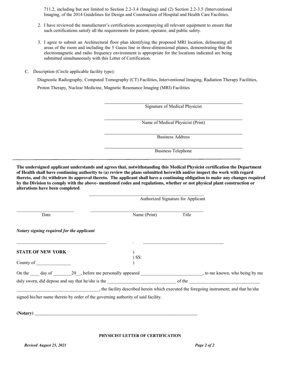 Physicist Letter of Certification for Diagnostic Radiography, Computed Tomography (Ct) Facilities, Interventional Imaging, Radiation Therapy Facilities, Proton Therapy, Nuclear Medicine and / or Magnetic Imaging Facilities - New York, Page 2