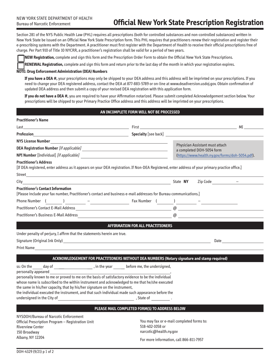 Form DOH-4329 Official New York State Prescription Registration - New York, Page 1
