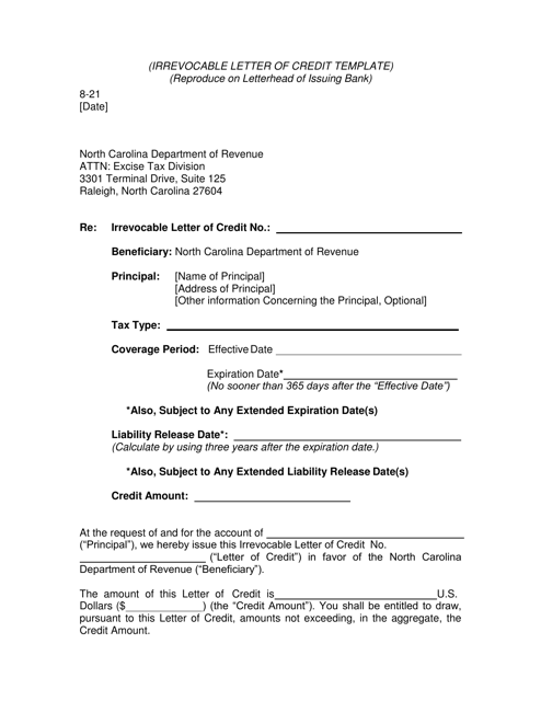 Irrevocable Letter of Credit Template - North Carolina Download Pdf