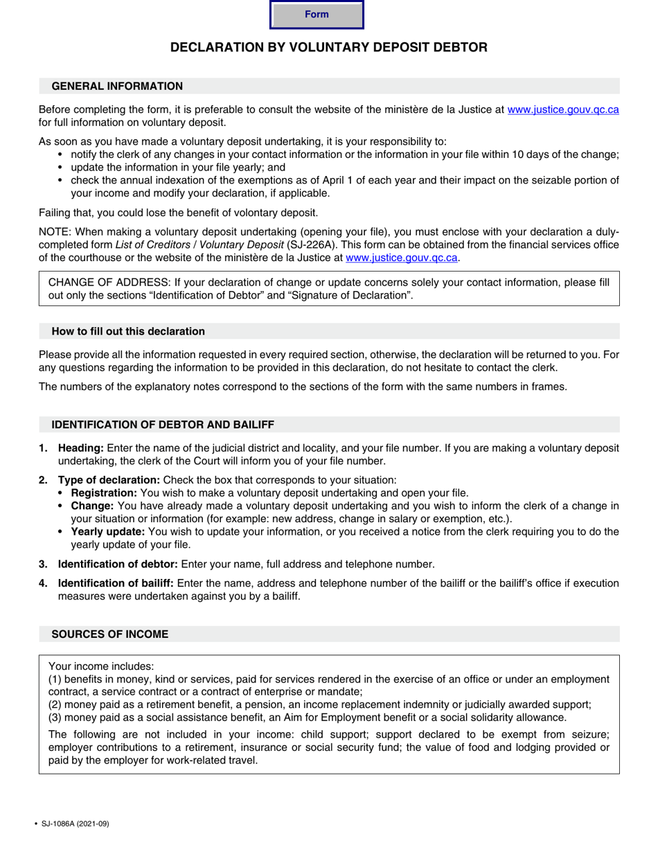 Form SJ-1086A Declaration by Voluntary Deposit Debtor - Quebec, Canada, Page 2