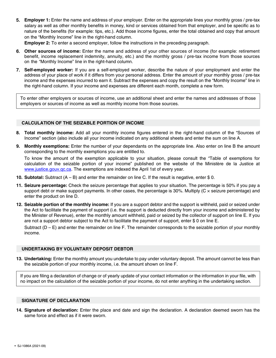 Form SJ-1086A Declaration by Voluntary Deposit Debtor - Quebec, Canada, Page 3