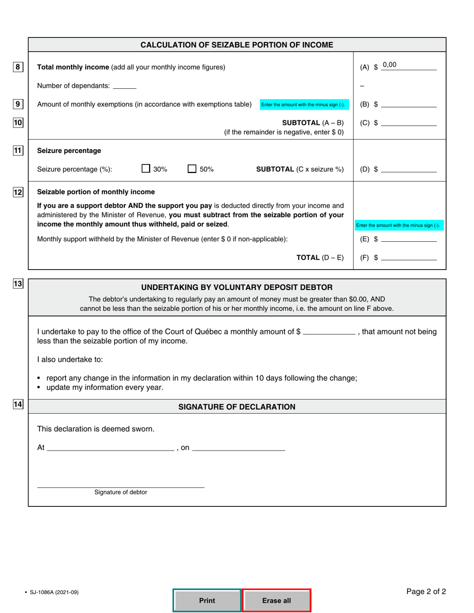 Form SJ-1086A Declaration by Voluntary Deposit Debtor - Quebec, Canada, Page 5