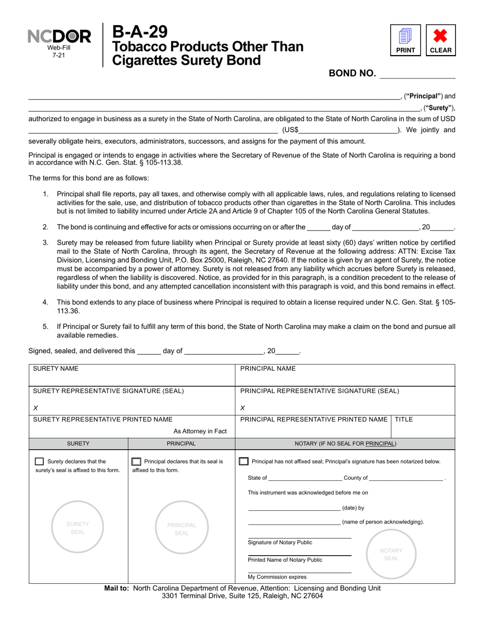 Form B-A-29 Tobacco Products Other Than Cigarettes Surety Bond - North Carolina, Page 1