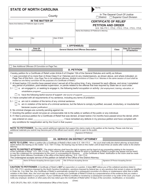 Form AOC-CR-273 Certificate of Relief Petition and Order - North Carolina