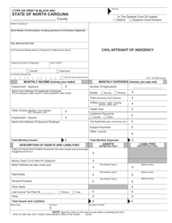 Document preview: Form AOC-CV-226 Civil Affidavit of Indigency - North Carolina