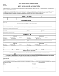 Form MVR-6 &quot;Lien Recording Application&quot; - North Carolina