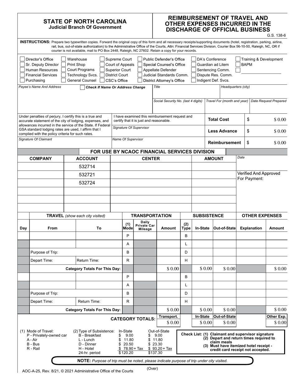 Form AOC-A-25 Reimbursement of Travel and Other Expenses Incurred in the Discharge of Official Business - North Carolina, Page 1