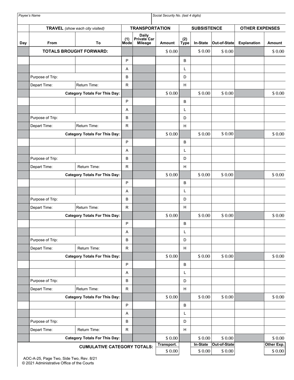 Form AOC-A-25 Reimbursement of Travel and Other Expenses Incurred in the Discharge of Official Business - North Carolina, Page 4