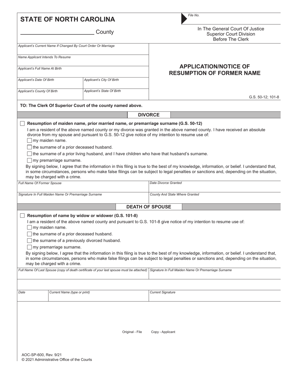 Form AOC-SP-600 Application / Notice of Resumption of Former Name - North Carolina, Page 1