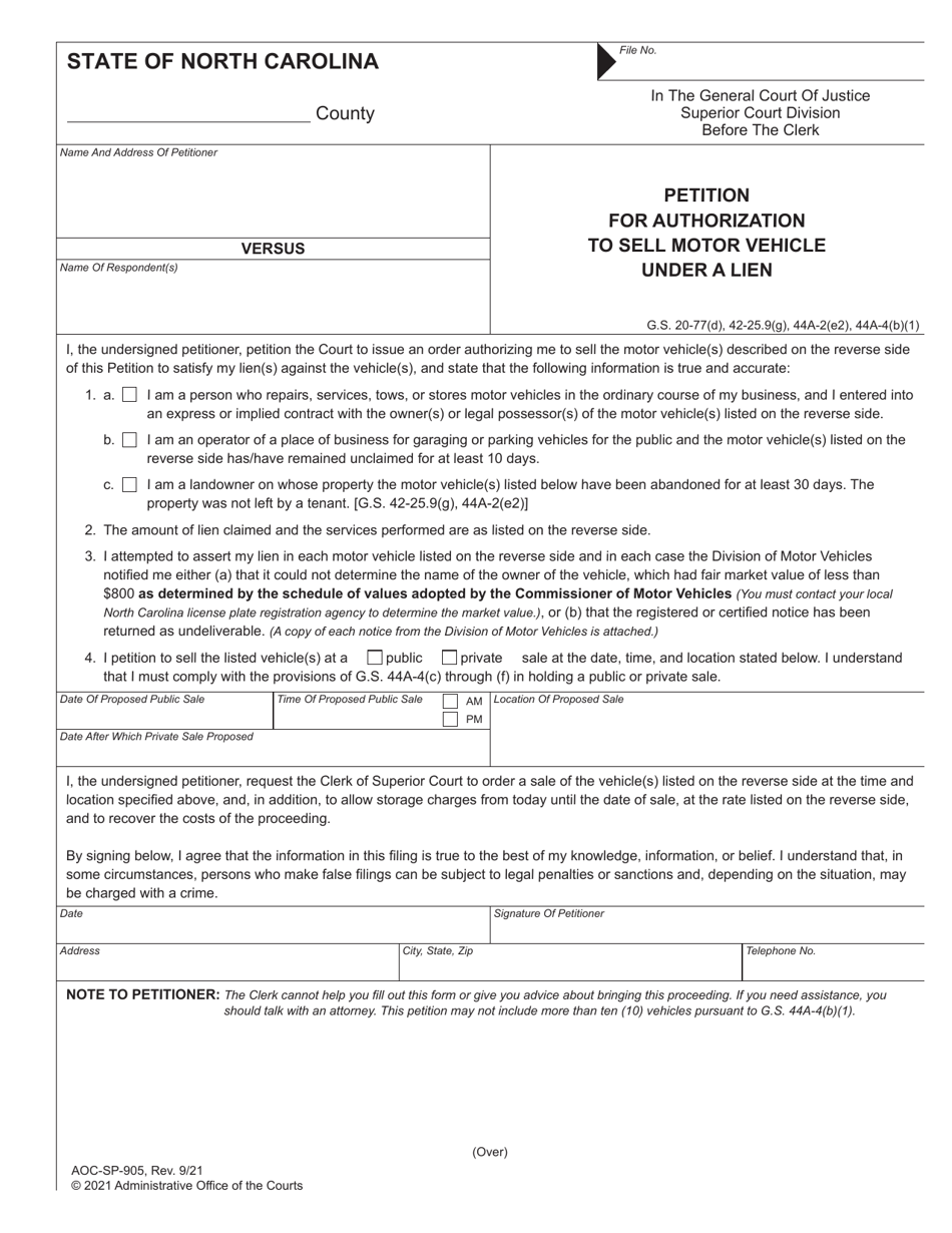 Form AOC-SP-905 Petition for Authorization to Sell Motor Vehicle Under a Lien - North Carolina, Page 1