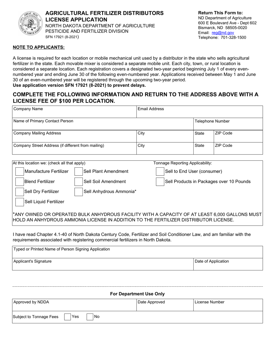 Form SFN17921 Download Fillable PDF or Fill Online Agricultural