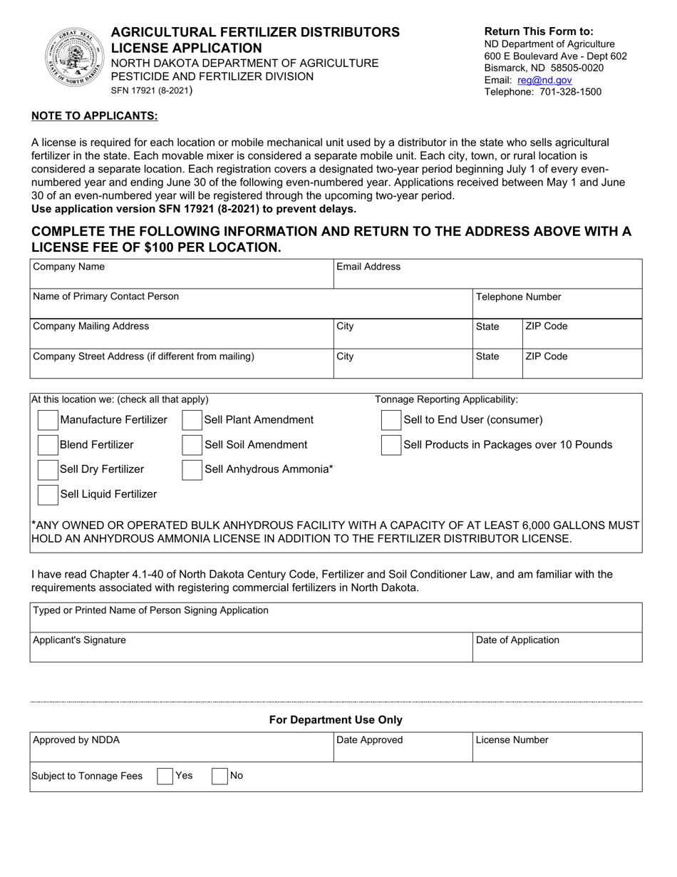 Form SFN17921 Agricultural Fertilizer Distributors License Application - North Dakota, Page 1