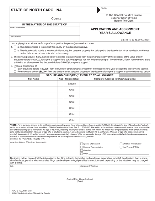Form AOC-E-100 Application and Assignment Year's Allowance - North Carolina