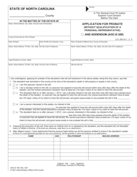 Form AOC-E-199 &quot;Application for Probate (Without Qualification of a Personal Representative)&quot; - North Carolina