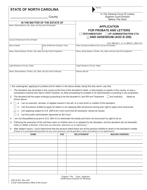Form AOC-E-201 Application for Probate and Letters Testamentary/Of Administration Cta - North Carolina