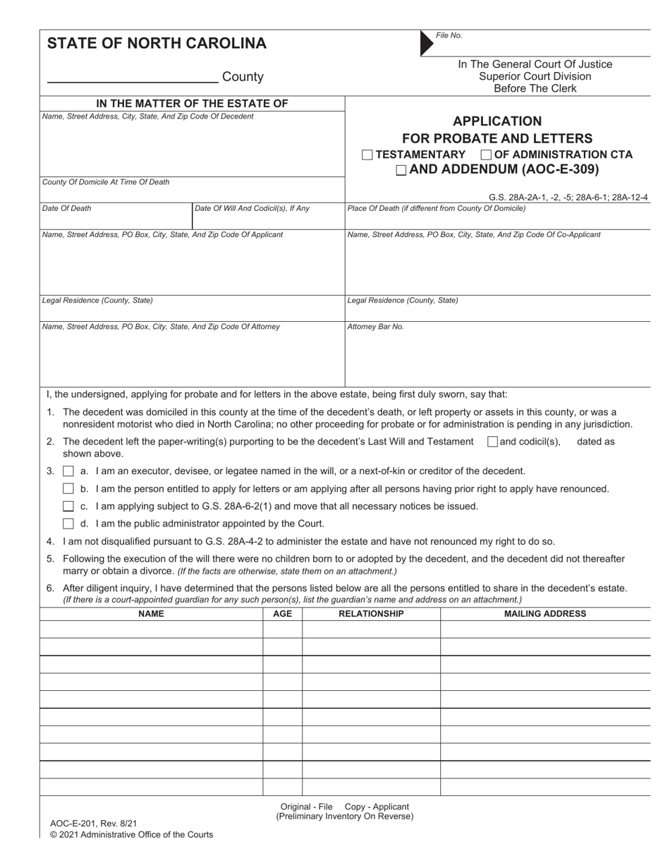Form AOC-E-201 Application for Probate and Letters Testamentary / Of Administration Cta - North Carolina, Page 1