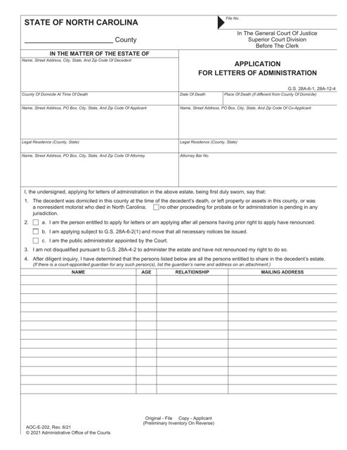 Form AOC-E-202 Application for Letters of Administration - North Carolina