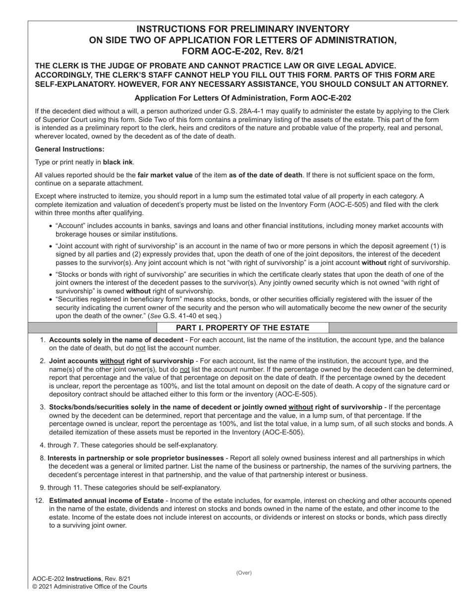 Instructions for Form AOC-E-202 Application for Letters of Administration - North Carolina, Page 1