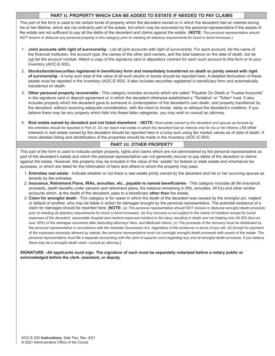 Download Instructions For Form Aoc E 202 Application For Letters Of Administration Pdf 9109