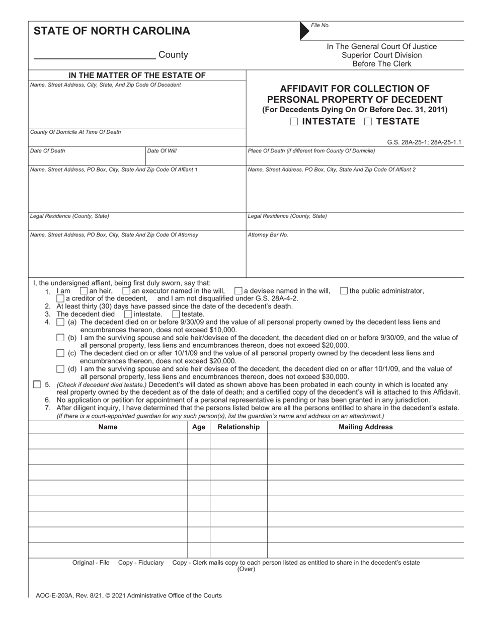 Form AOC-E-203A Affidavit for Collection of Personal Property of Decedent (For Decedents Dying on or Before Dec. 31, 2011) - North Carolina, Page 1