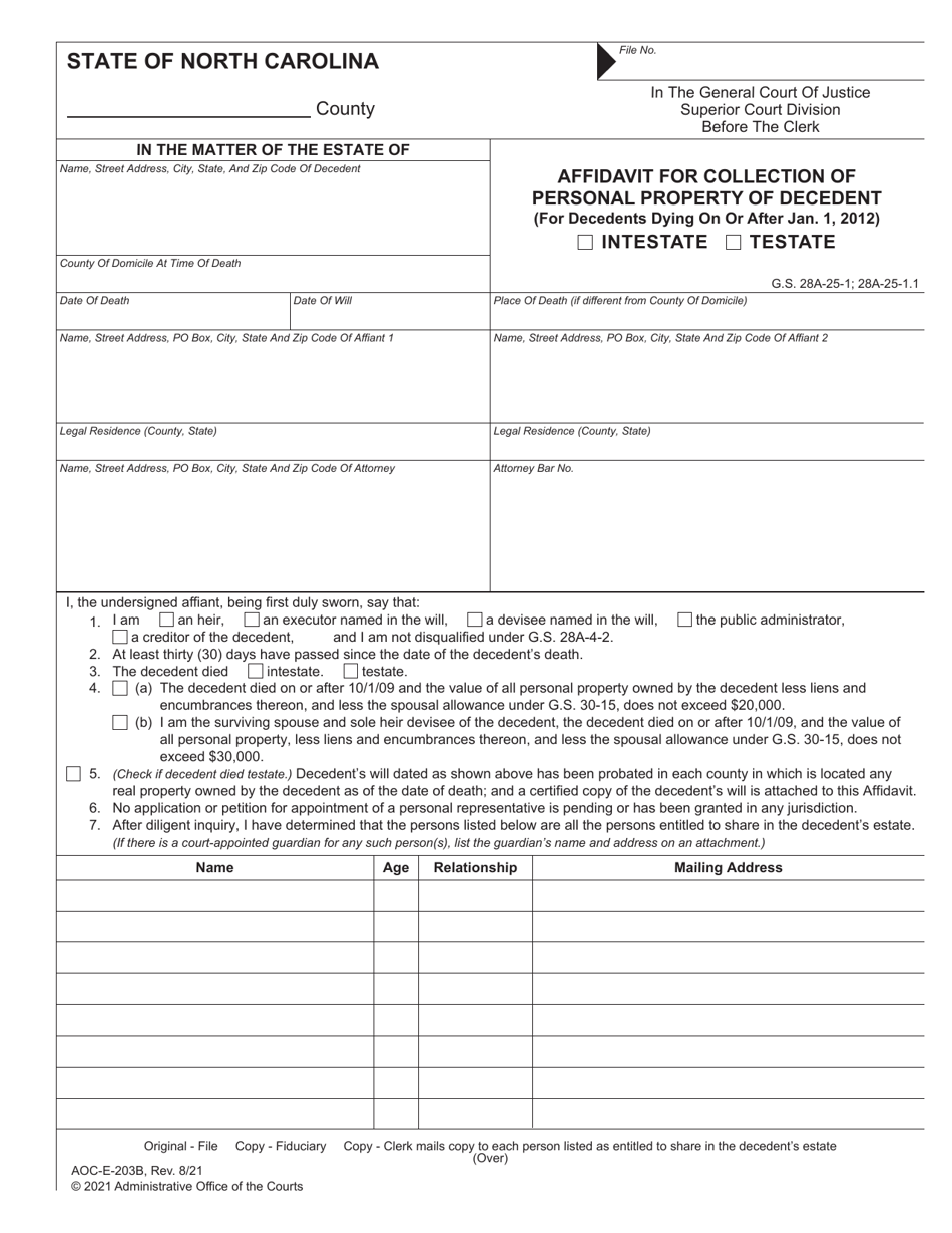 Form AOC-E-203B Affidavit for Collection of Personal Property of Decedent (For Decedents Dying on or After Jan. 1, 2012) - North Carolina, Page 1