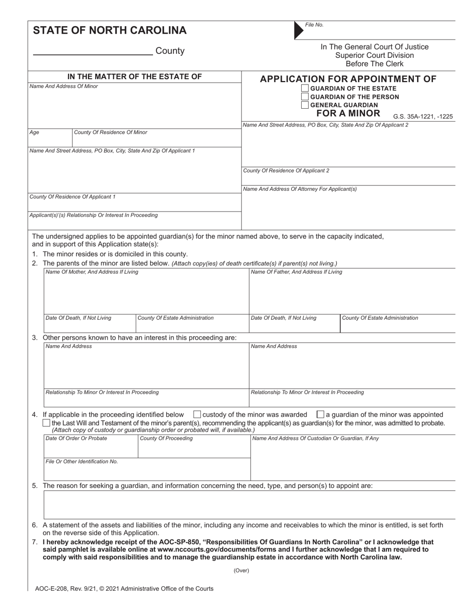 Form AOC-E-208 Application for Appointment of Guardian for a Minor - North Carolina, Page 1