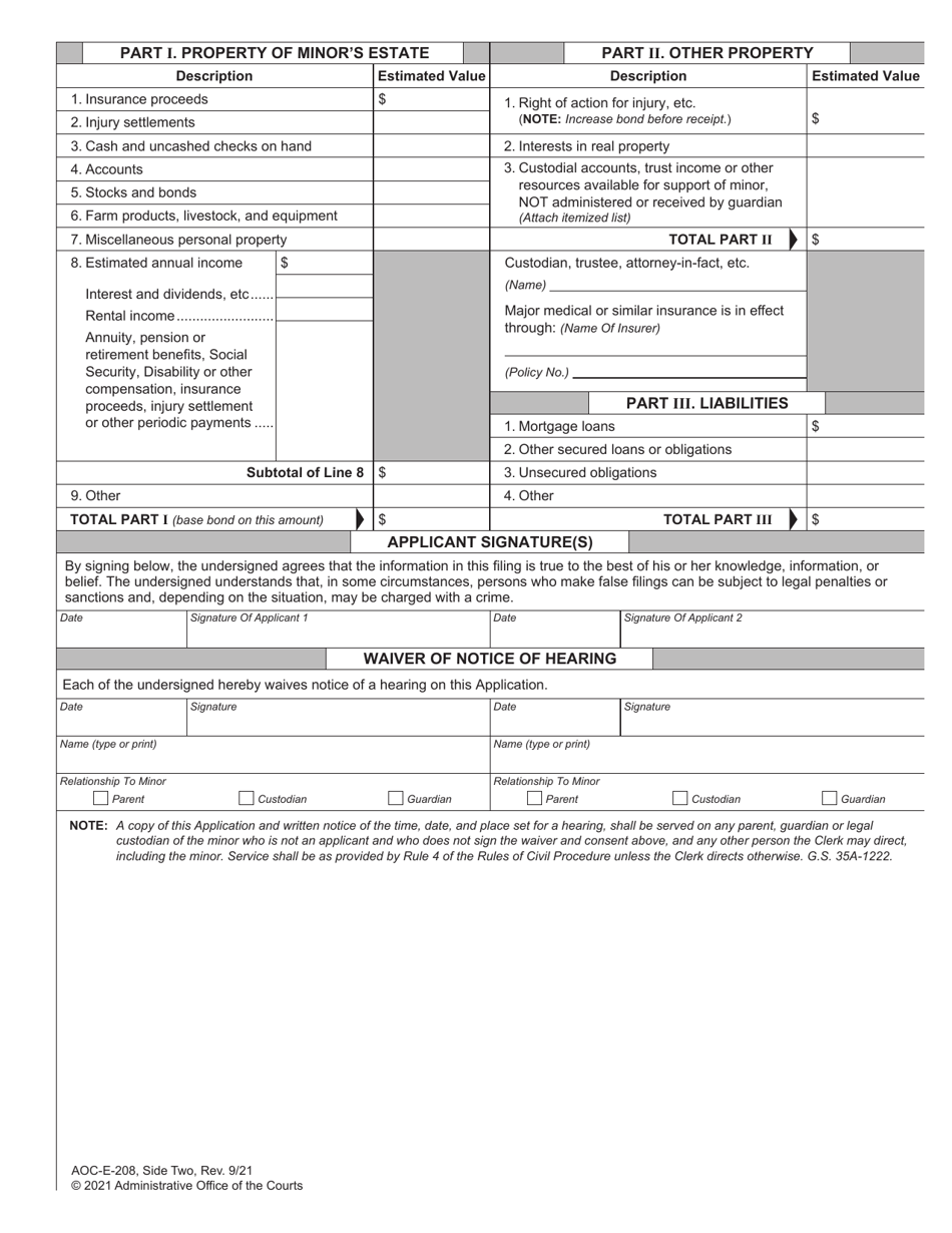 Form AOC-E-208 Application for Appointment of Guardian for a Minor - North Carolina, Page 2