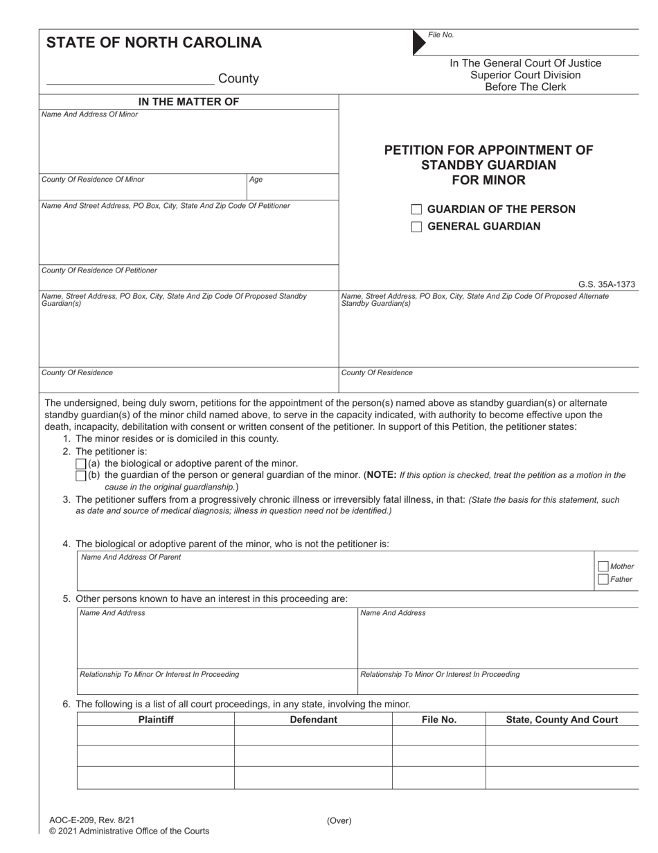 Form AOC-E-209 Petition for Appointment of Standby Guardian for Minor - North Carolina, Page 1