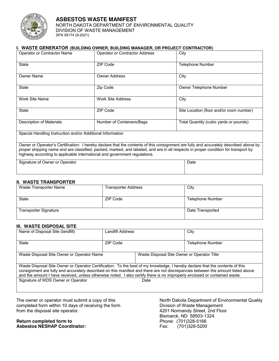 Form SFN58174 Asbestos Waste Manifest - North Dakota, Page 1