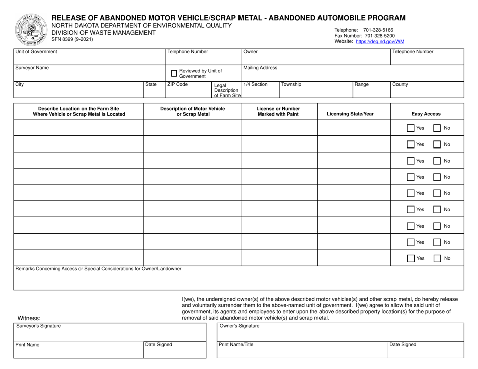 Form SFN8399 Release of Abandoned Motor Vehicle / Scrap Metal - Abandoned Automobile Program - North Dakota, Page 1