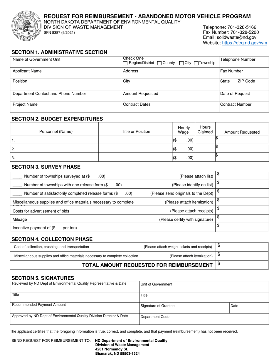 Form SFN8387 Request for Reimbursement - Abandoned Motor Vehicle Program - North Dakota, Page 1