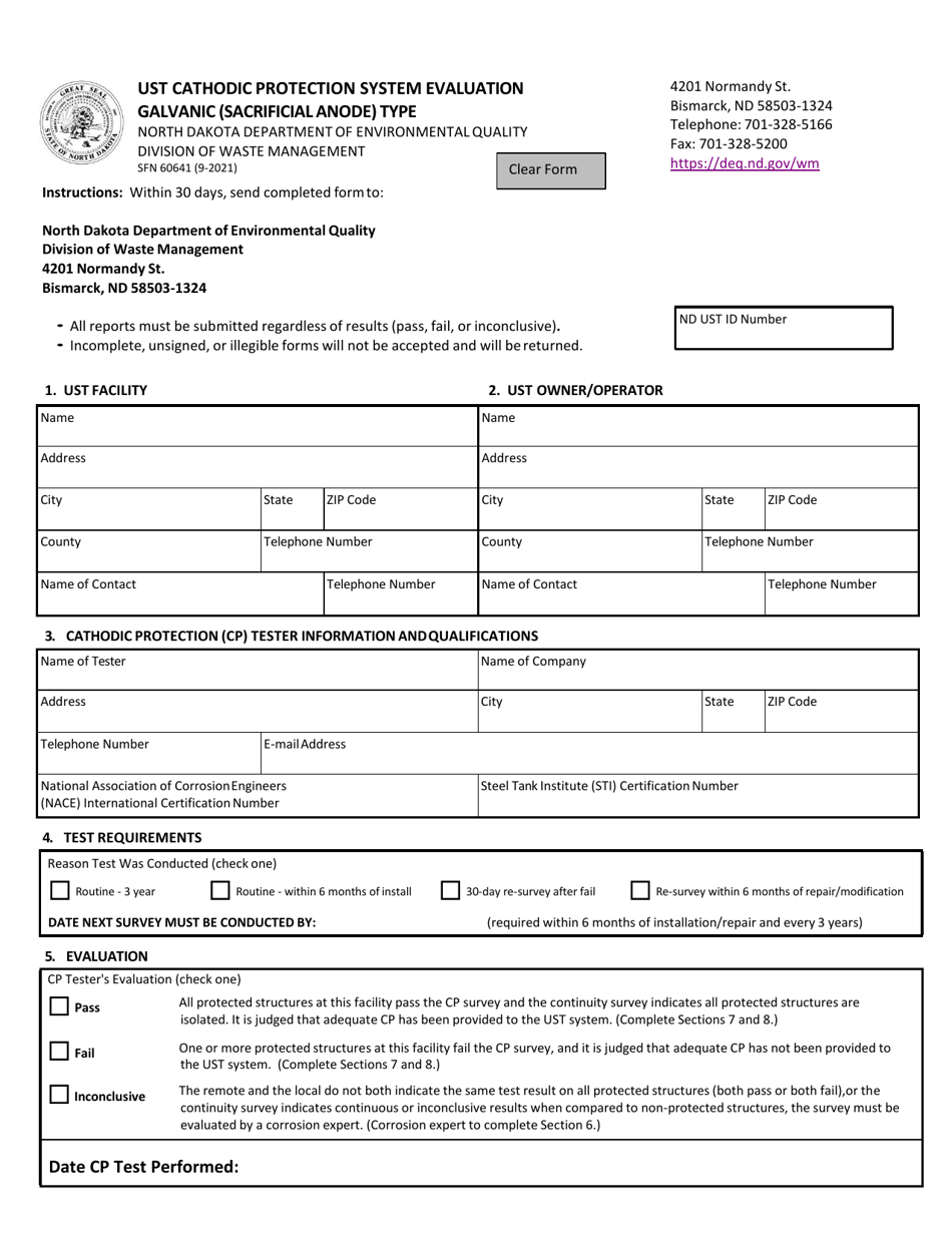Form SFN60641 Ust Cathodic Protection System Evaluation Galvanic (Sacrificial Anode) Type - North Dakota, Page 1