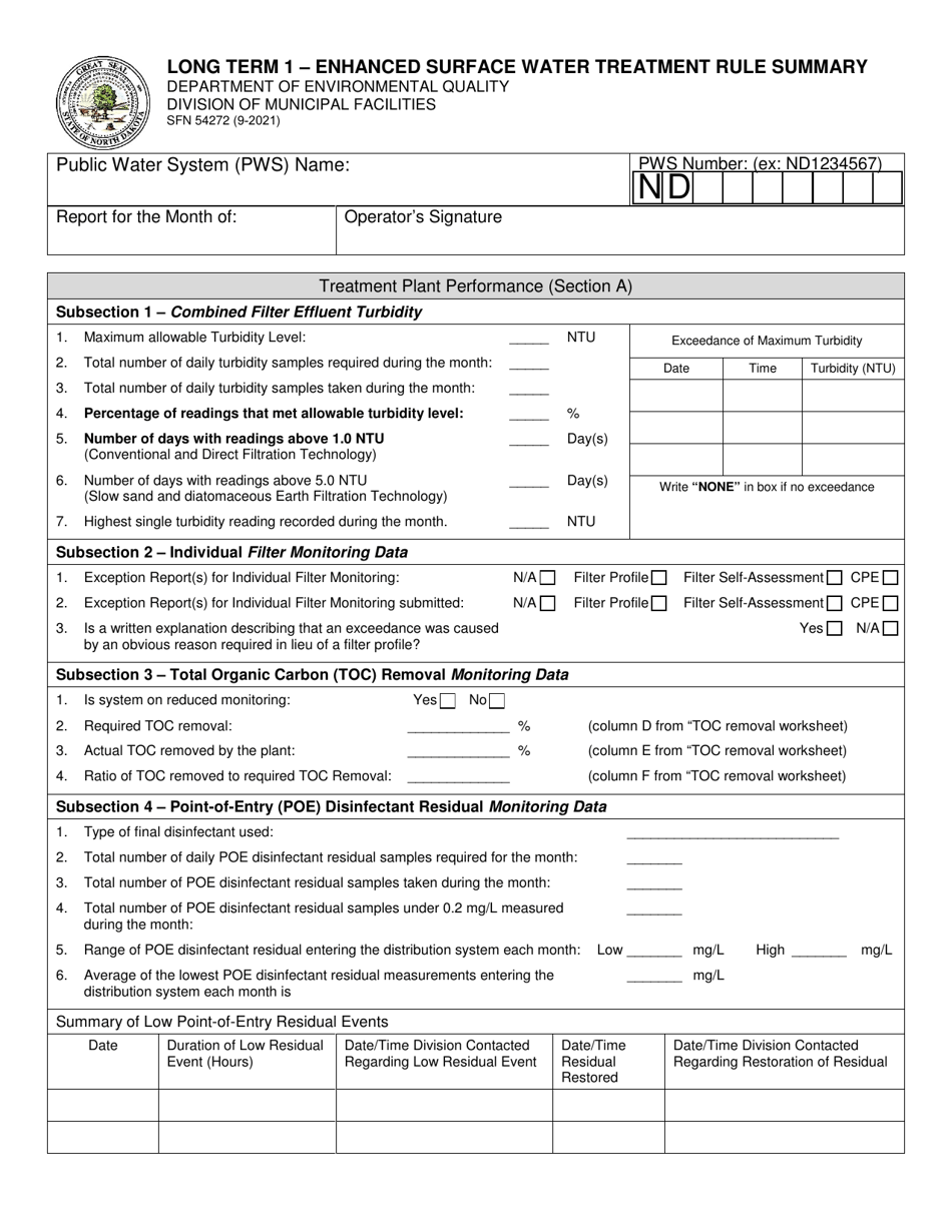 Form SFN54272 Long Term 1 - Enhanced Surface Water Treatment Rule Summary - North Dakota, Page 1