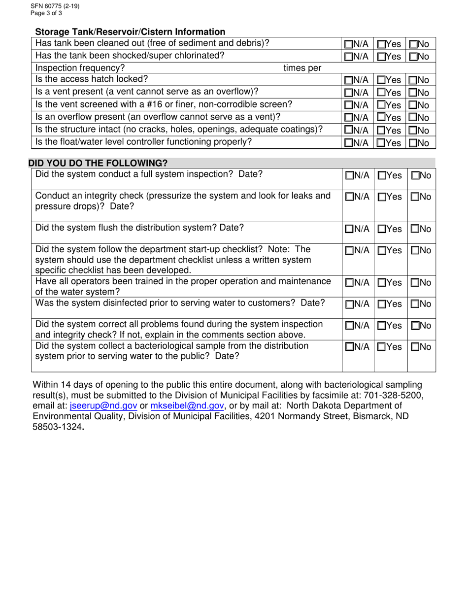 Form SFN60775 Revised Total Coliform Rule (Rtcr) Start-Up Procedures and Certification Form for Seasonal Public Water Systems - North Dakota, Page 3