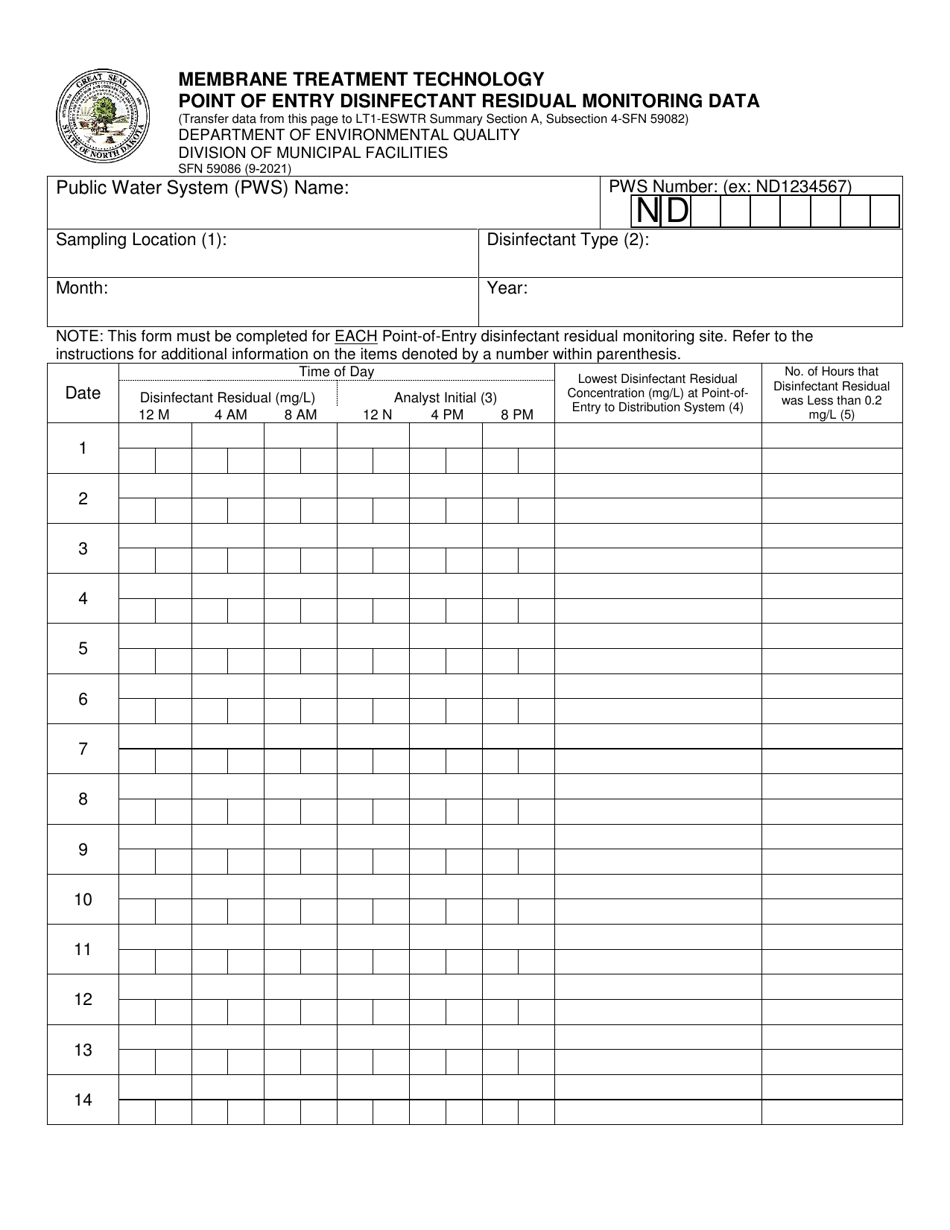 Form SFN59086 Membrane Treatment Technology Point of Entry Disinfectant Residual Monitoring Data - North Dakota, Page 1