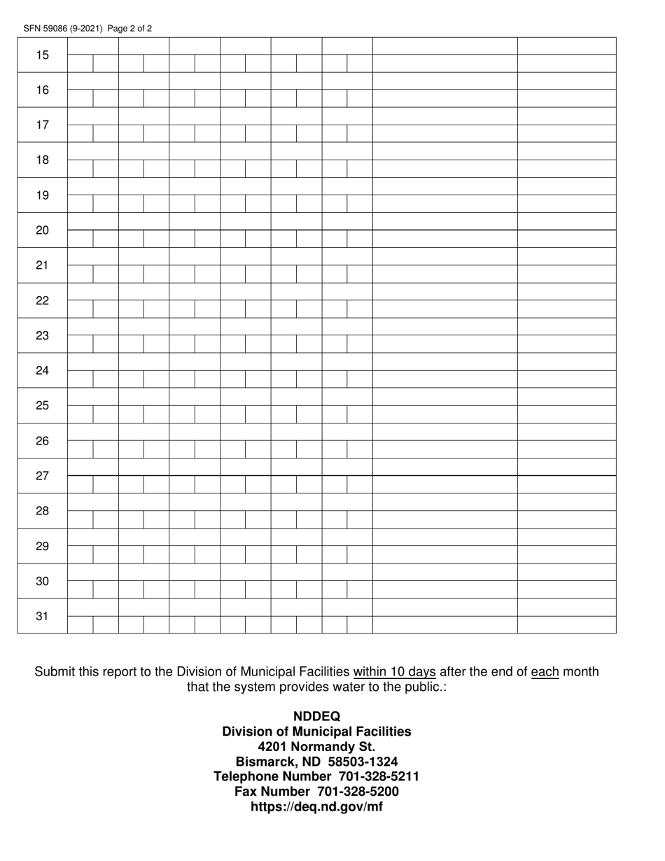 Form SFN59086 Membrane Treatment Technology Point of Entry Disinfectant Residual Monitoring Data - North Dakota, Page 2