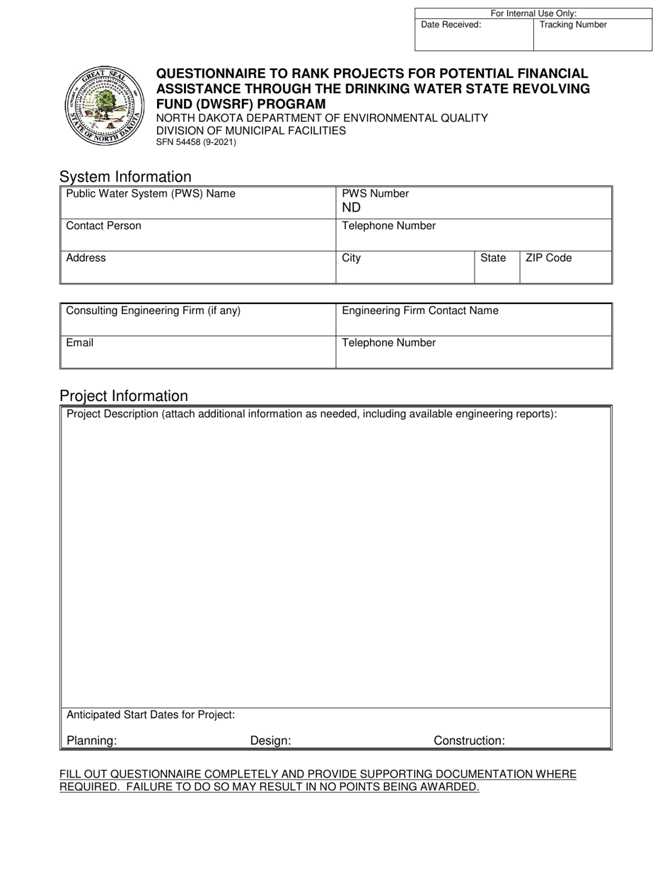 Form SFN54458 Questionnaire to Rank Projects for Potential Financial Assistance Through the Drinking Water State Revolving Fund (Dwsrf) Program - North Dakota, Page 1