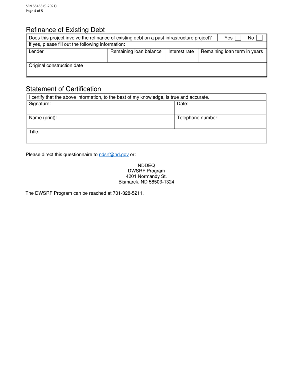 Form SFN54458 Questionnaire to Rank Projects for Potential Financial Assistance Through the Drinking Water State Revolving Fund (Dwsrf) Program - North Dakota, Page 4
