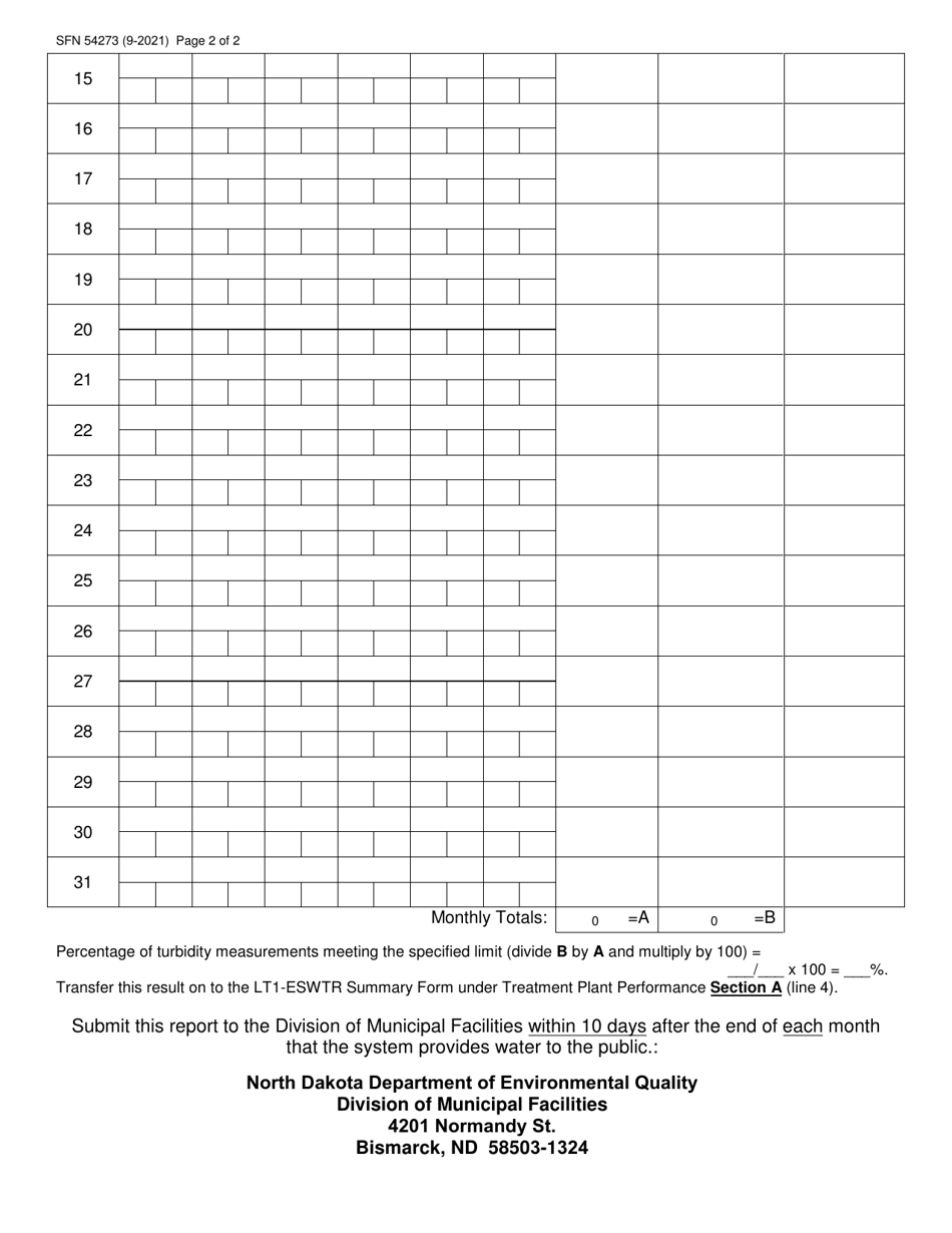 Form SFN54273 Combined Filter Effluent Turbidity Monitoring Data - North Dakota, Page 2