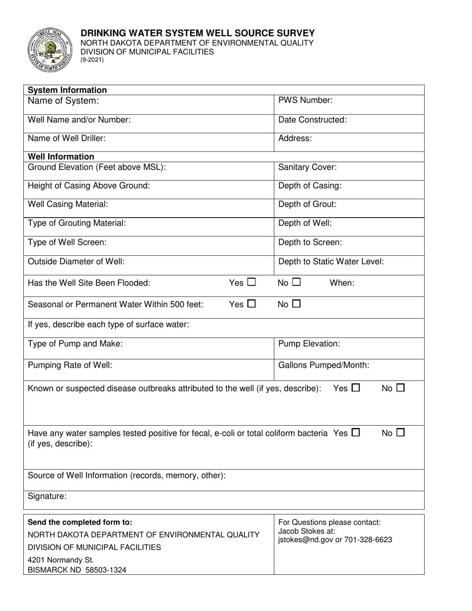 North Dakota Drinking Water System Well Source Survey Download Fillable ...