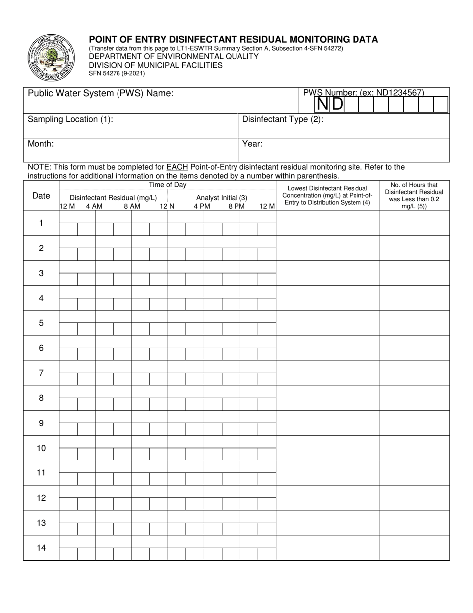 Form SFN54276 Point of Entry Disinfectant Residual Monitoring Data - North Dakota, Page 1