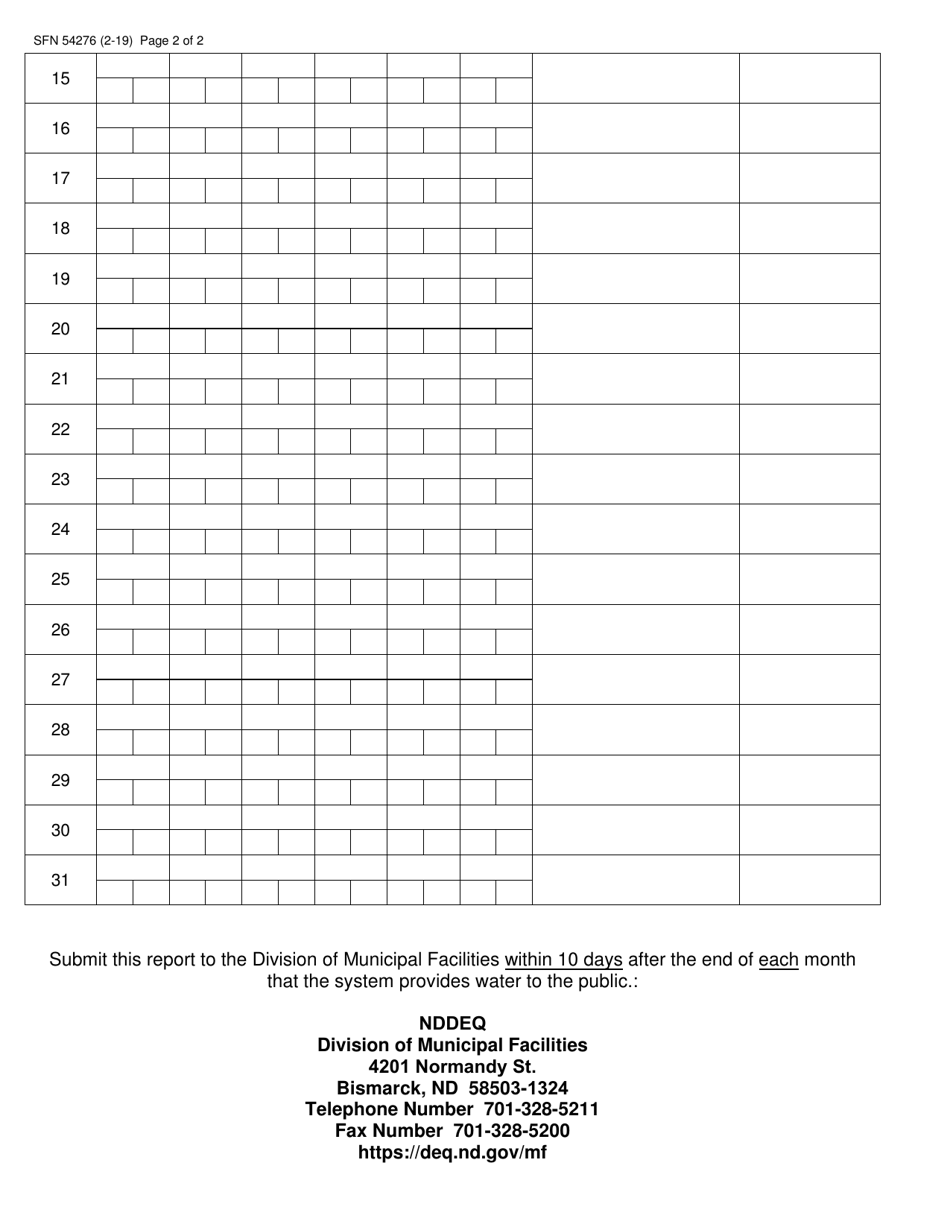 Form SFN54276 Point of Entry Disinfectant Residual Monitoring Data - North Dakota, Page 2