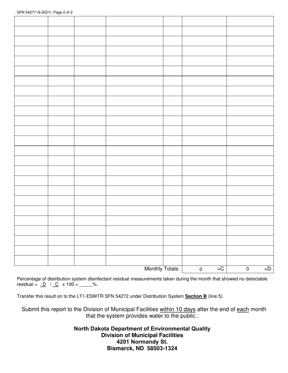 Form SFN54277 Distribution System Disinfectant Residual Monitoring Data - North Dakota, Page 2