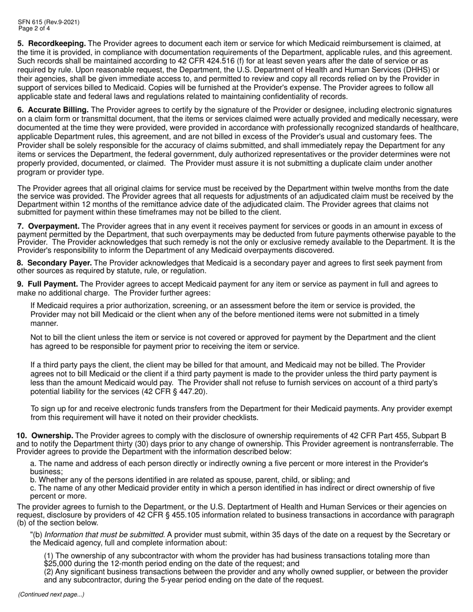 Form SFN615 Medicaid Program Provider Agreement - North Dakota, Page 2