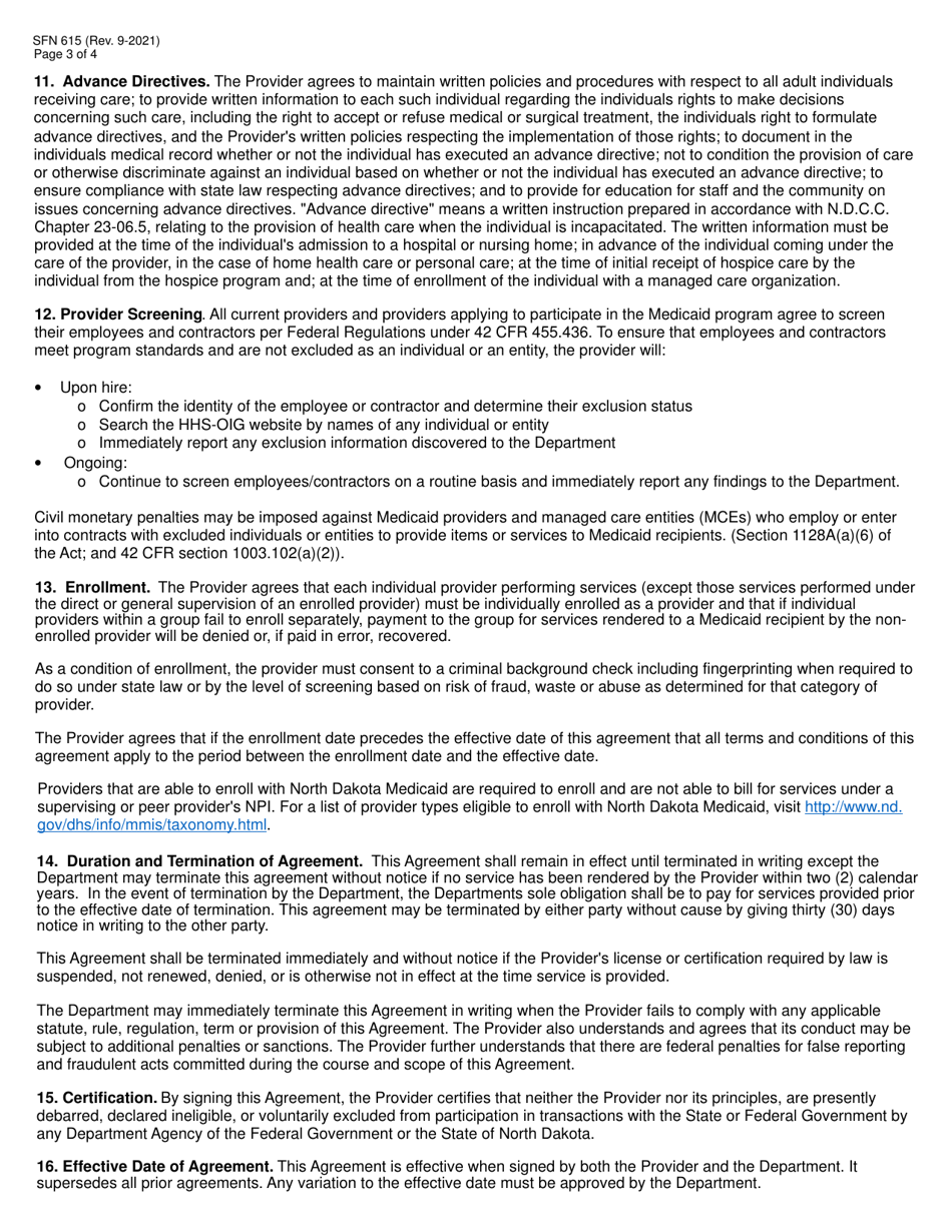 Form SFN615 Medicaid Program Provider Agreement - North Dakota, Page 3